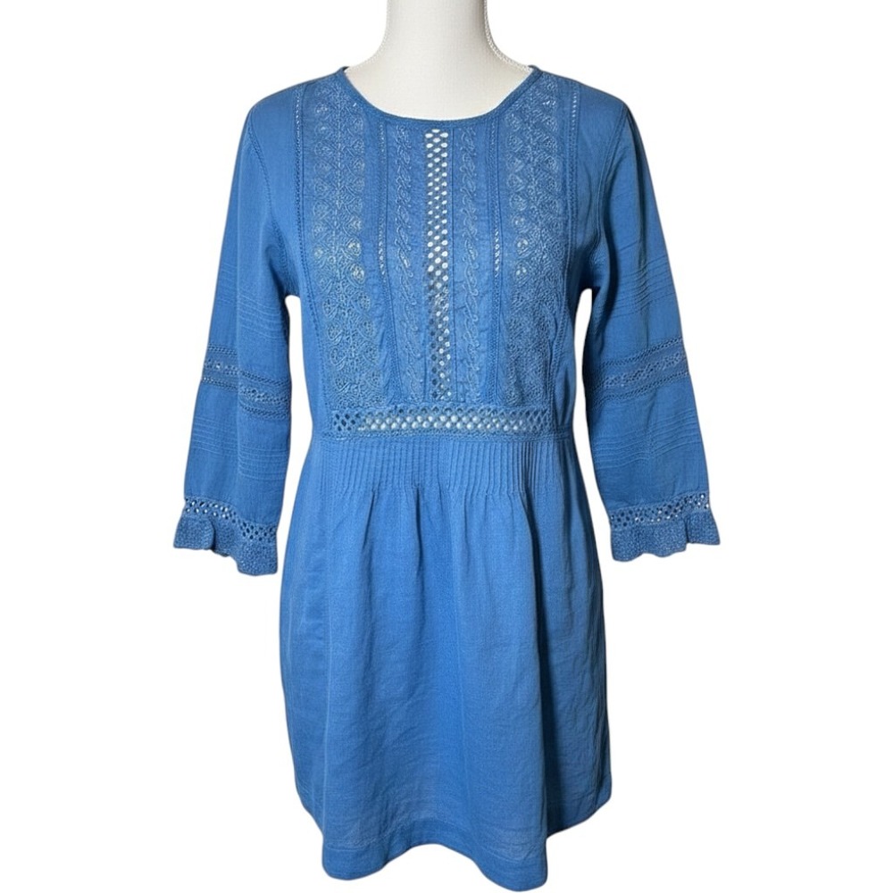 Free People Blue Embroidered Lace Linen Blend Mini Dress Boho Peasant Women's M